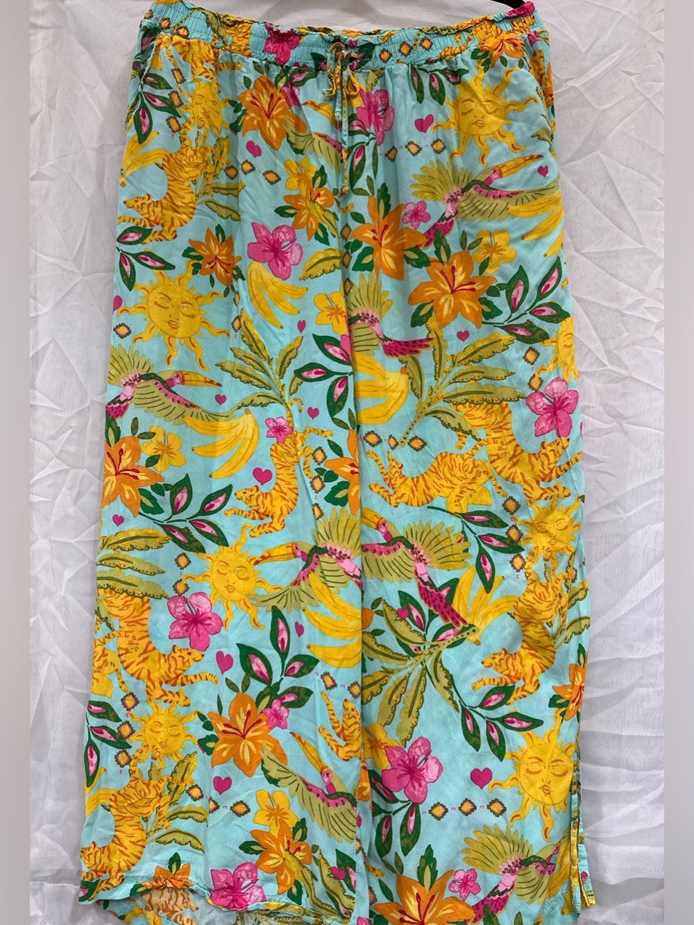 Funky Tropical Print Wide-Leg Flowy Pants - rose & olive resort brand - Large